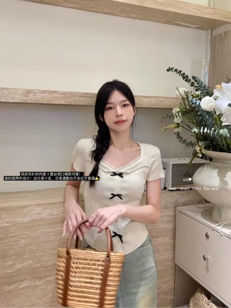 

Korean Style Chic Gentle Style Bow Short Sleeved Knitted Sweater for Women's Summer New Versatile Temperament Top Female Clothes