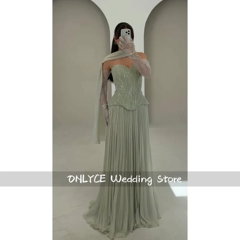 Customized Sage Green Strapless Beaded Chiffon Prom Dress Detachable Lace Gloves vestidos de noche Evening Dresses 2026
