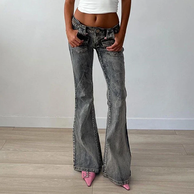 

Women's Washed Grey Do Old Low Waisted Flared Jeans Street Cool Girl Bottoms Wide Legs Pants Female Skinny Denim Trousers