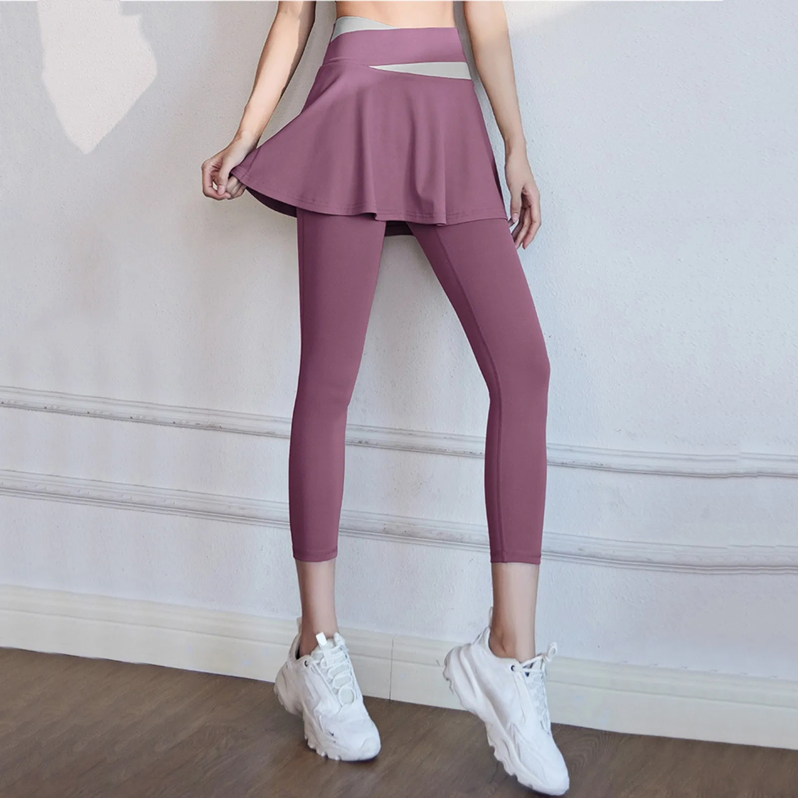 Sport Yoga Pants With Skirt Women Fake Two Pieces Sport Legging Gym Push Up Patchwork Crossover High Waist Tight Legging