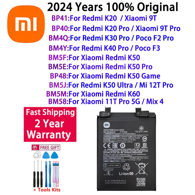 

Оригинальный аккумулятор 2024 года для Xiaomi Redmi Mi K20 K30 K40 K50 K60 Poco F2 F3 9T 11T Pro 5G Mix 4 12T Pro Game UItra Batteries