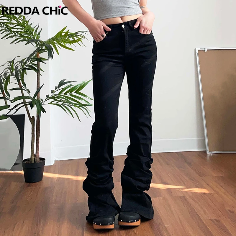 

ReddaChic Grunge Y2k Stacked Flare Jeans Women Vintage Black Bootcut Pants Casual Slim High Rise Trousers Korean Bell Bottoms