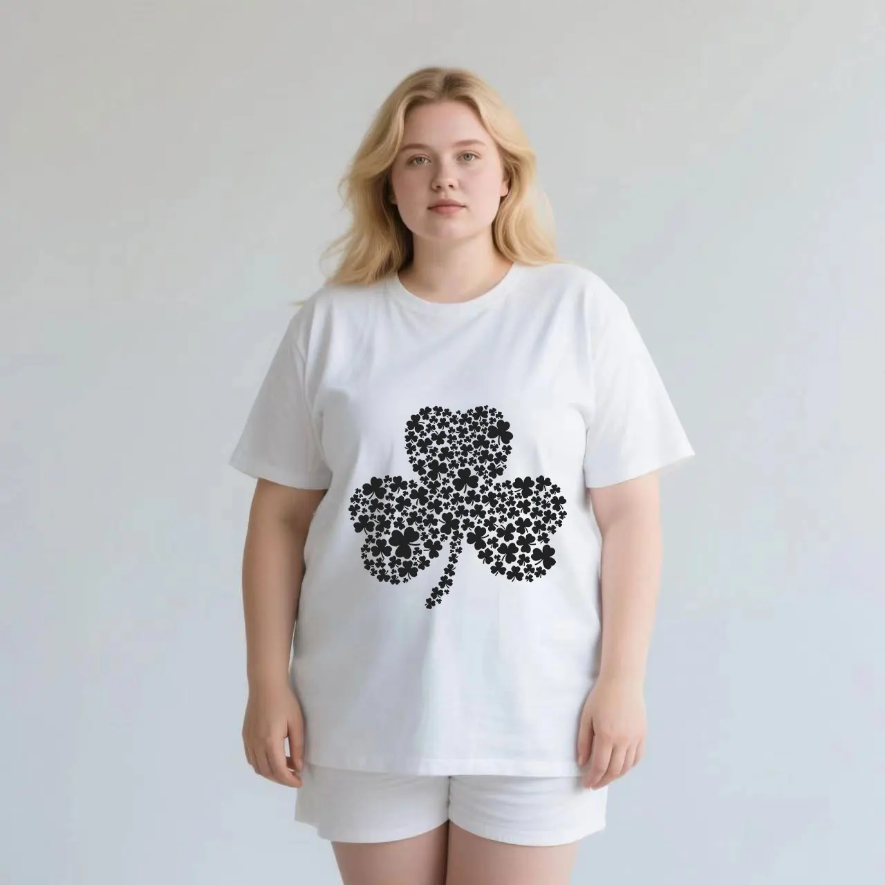 

Cartoon leaf pattern print plus size Ladies' casual short sleeved T-shirt white
