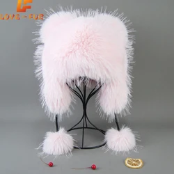 Fluffy Soviet Hat False Raccoon Fur Hats for Woman Winter Octopus Bomber Earflap Knitted Ball Fashionable Flap Cap Mongolian Hat