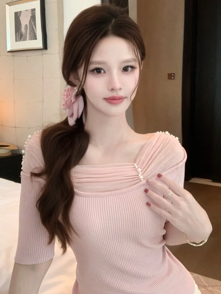 

Slim Fit Short Sleeve T-Shirt Women Summer New Style Knitted Mesh Square Collar Versatile Fashionable Casual Slimming Top