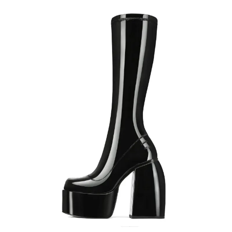 2022Autumn and Winter New Chunky Heel High Heel Boots Stretch Boots Patent Leather Solid Color High Leg Boot plus Size Women's S