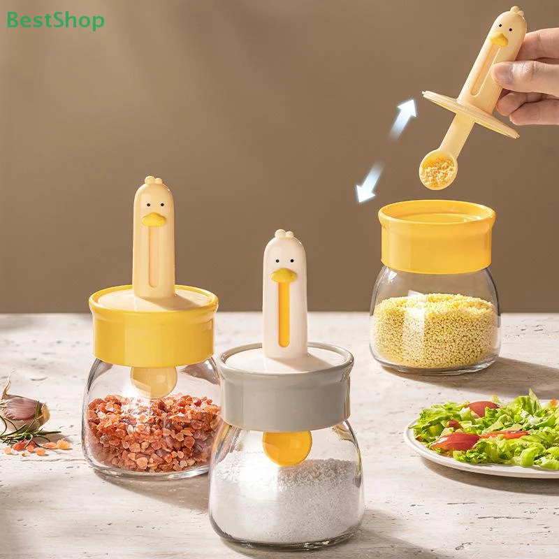 

330ml Glass Seasoning Bottle With Cartoon Duck Telescopic Spoon Household Kitchen Salt Storage Box Leak Proof Moisture-proof