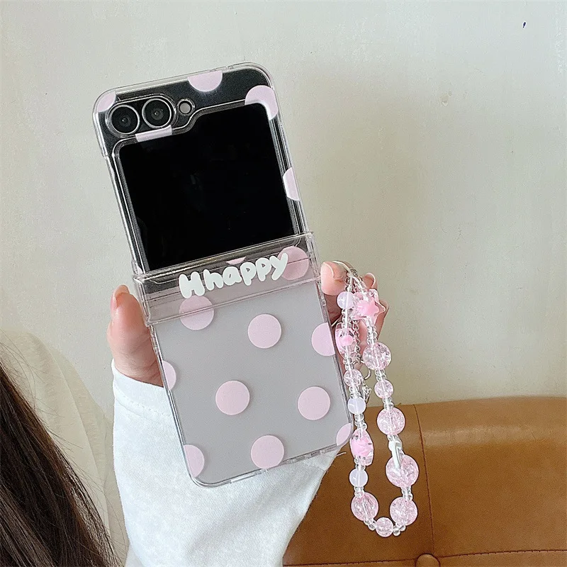 Korean Candy Colors Polka Dots With Wrist Strap Phone Case For Samsung Galaxy Z Flip 7 6 5 4 3 Z Flip7 FE Clear Shockproof Cover view 3