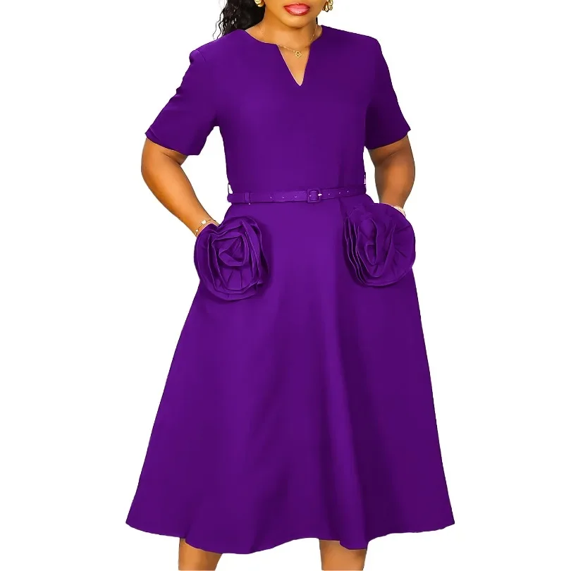 

Customized Elegant Office Dresses for Women V Neck Three Quarter Sleeve Belt Waisted Pleated Mid Calf Formal Business Work Dress