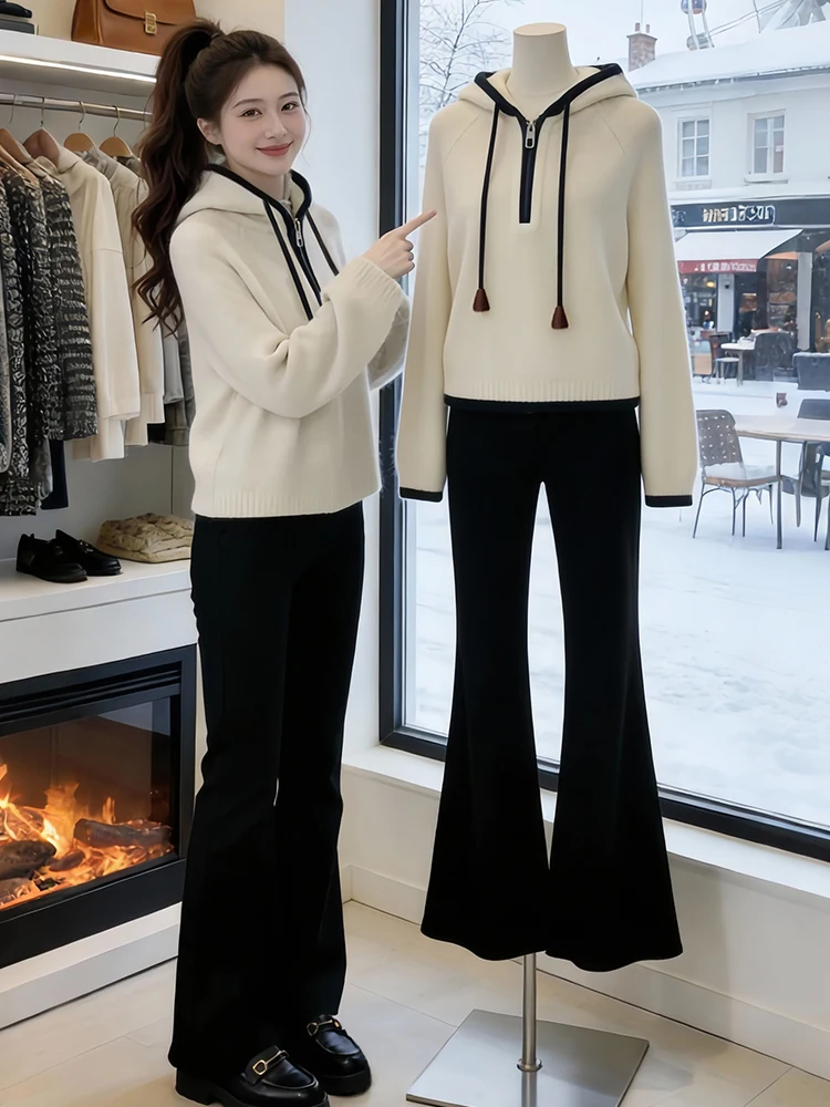 

Trendy Women's Knitted Sweater with Dstring f Zipper Hood 2026 Spring Season Outerwear Casual Comfortable Korean Sle