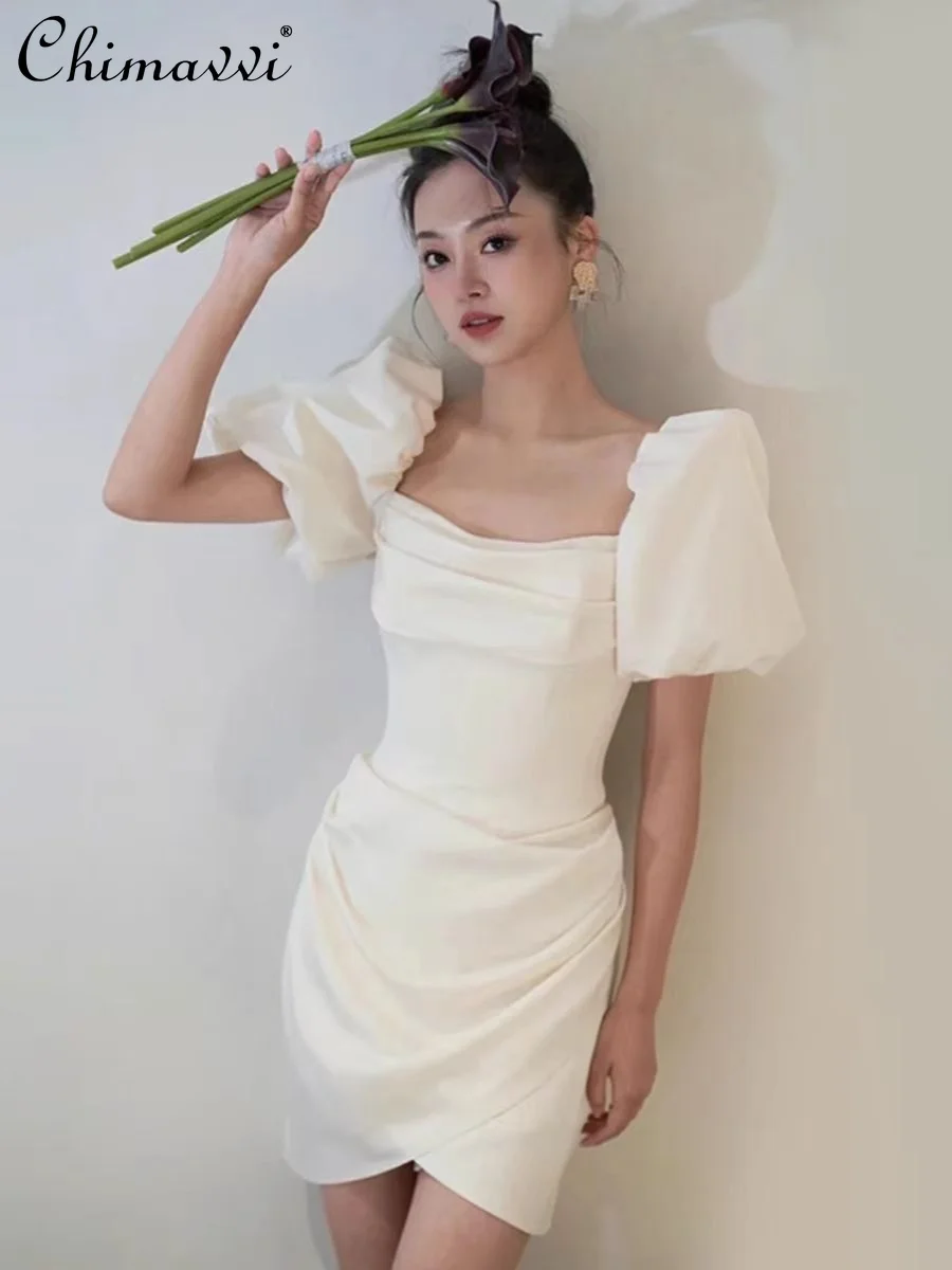 

French Elegant Engagement Dress White Satin Square Collar Puff Sleeve High Waist Slim Fit Ruffle Hip-Wrapped Short Dress Women