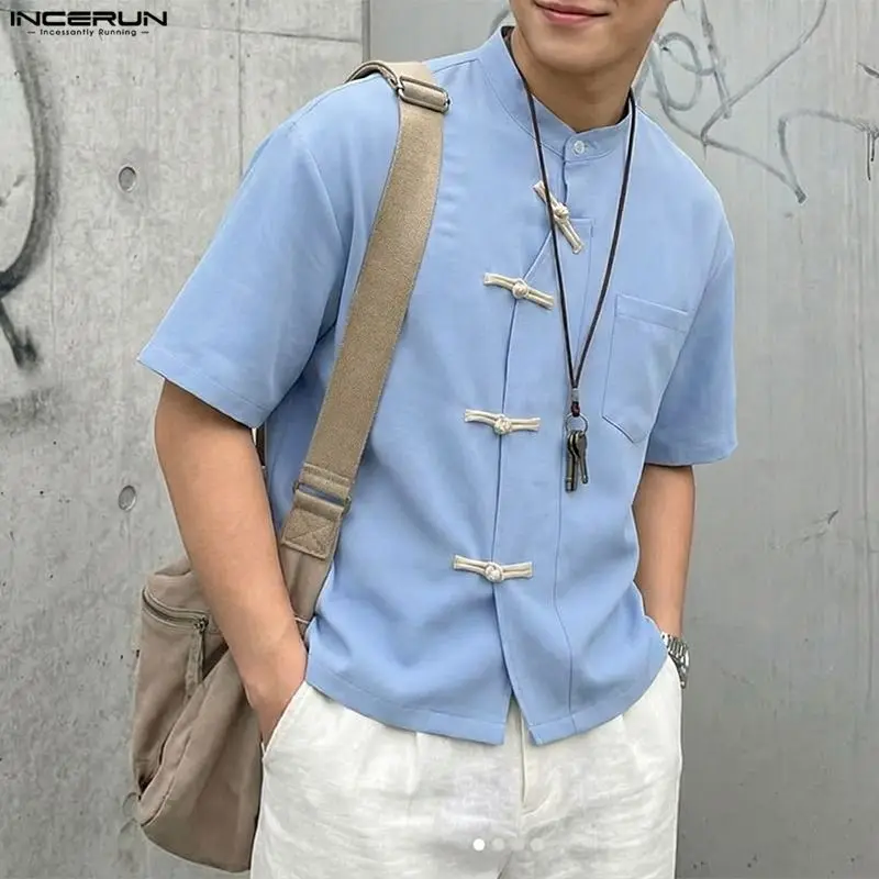 

INCERUN Men's Shirt Solid Color Stand Collar Short Sleeve Male Tee Tops Summer Streetwear Loose 2026 Vintage Casual Men Clothes