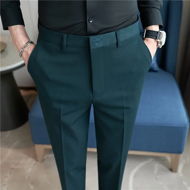 

Autumn Mens Fashion Embroidered Trousers Korean Business Dress Solid Suit Pant Formal Office Social Slim Fit Casual Suit Pants