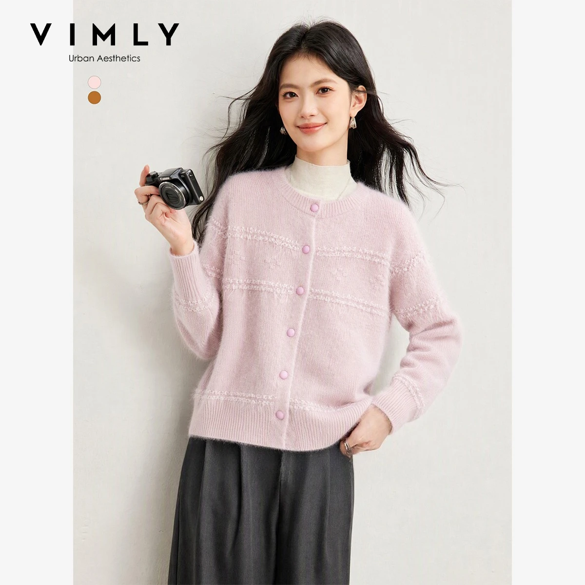 VIMLY Women's Knit Cardigan 2026 Winter New Tassel Webbing Fashion Crew Neck Sweater Elegant Warm Casual Outerwear Top 32120