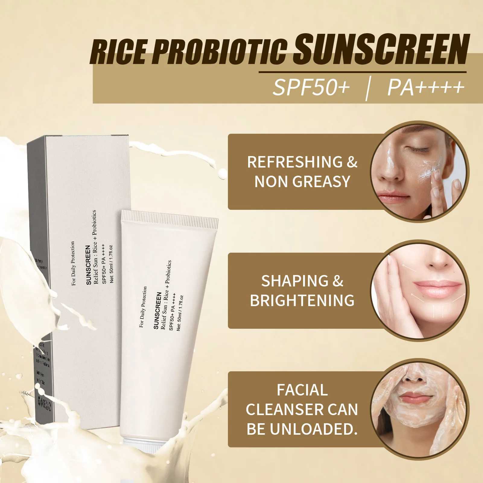 50ml Radiant Rice Probiotic Sunscreen Sweat and Water-resistant Sunscreen Full Body  for Outdoor Activities