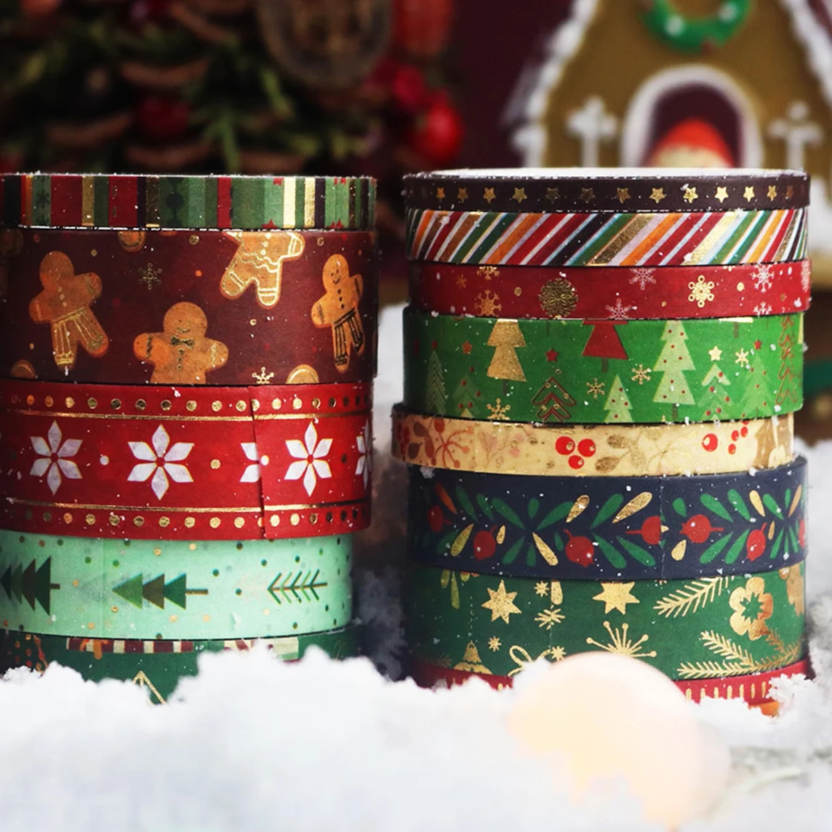 21ロール/箱、クリスマス柄ブロンズ加工和紙テープ、ホリデーパーティーDIY、フォトフレーム、ギフトボックスの装飾ギフトに最適