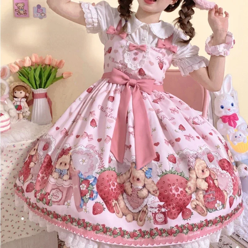 Victorian Sweet Lolita Jsk Dress Strawberry Cartoon Cute Rabbit Print Suspenders Dress Japanese Summer Girl Kawaii Party Dresses