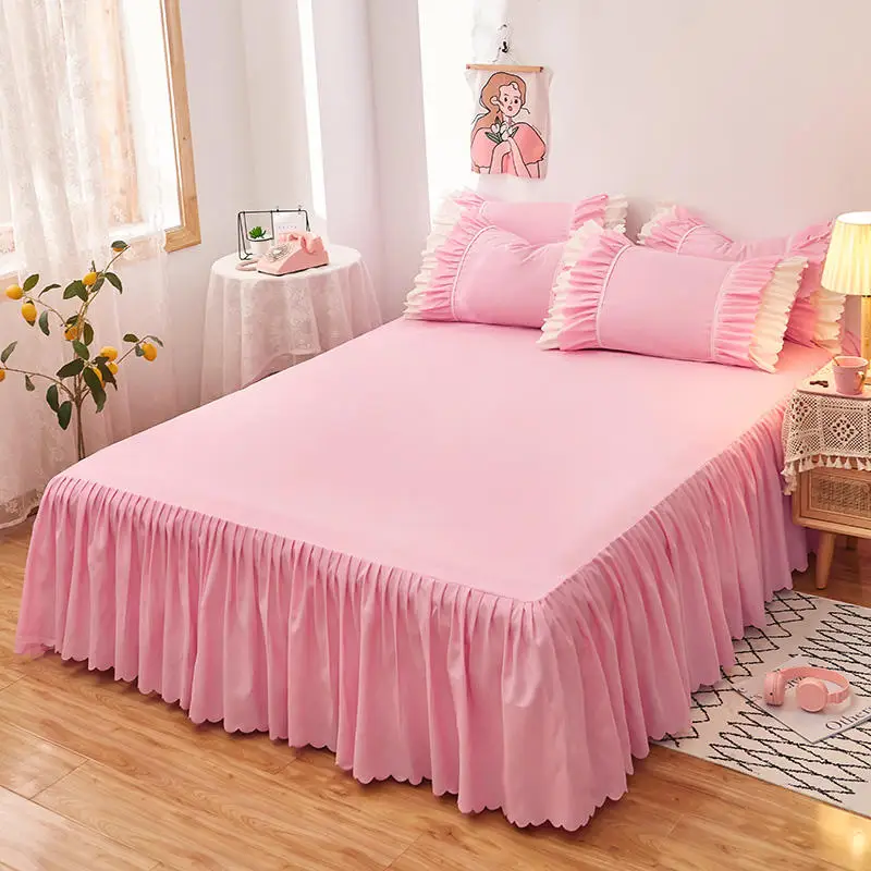 1pc Bed Skirt With Elastic Solid Single/Queen/King Size Bed Sheet Ruffles Mattress Cover Skirt Bedspreads With 2 Pillow Case