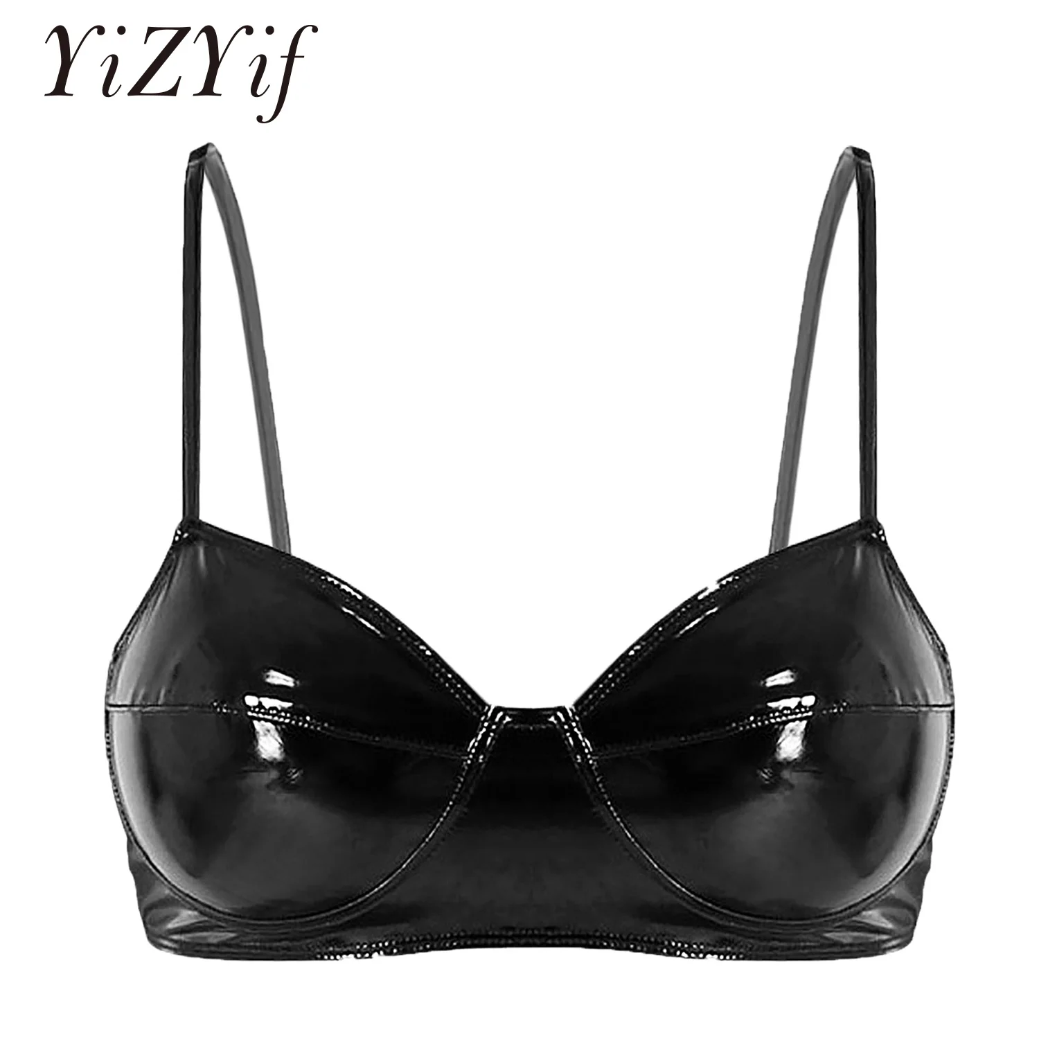 

Womens Wetlook Faux Leather Bra Tops Erotic Lingerie Fashion Sexy Wire-free No Pad Harness Bra for Raves Pole Dance Clubwear