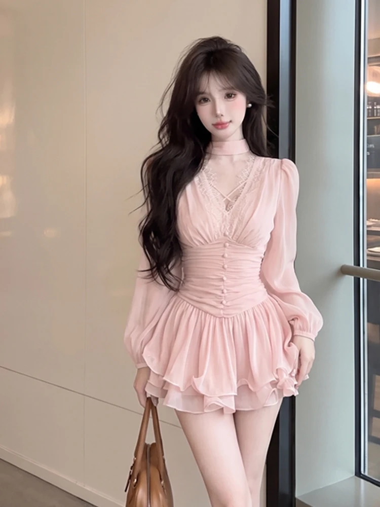 Pure Desire Lace V-neck Long Sleeve Shirt Short Skirt Set Cake Waist Cinching Fashionable Women's Two-piece Summer Outfit