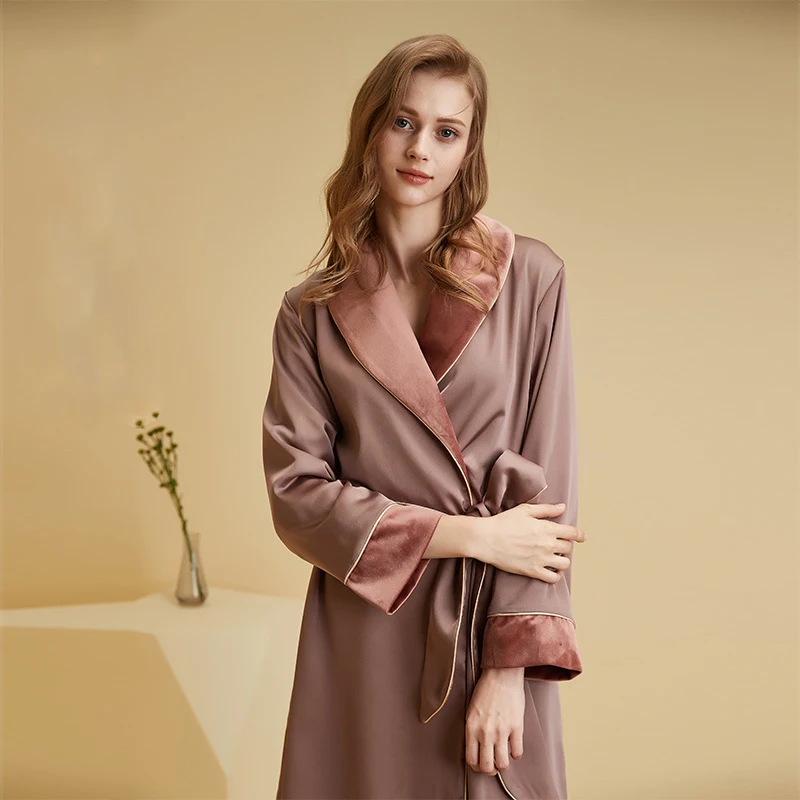 

Golden Velvet Lapel Home Dress Thickening Long Sleeves Kimono Cardigan Bathrobe Solid Color Robe Women Nightgown Sleep Dress