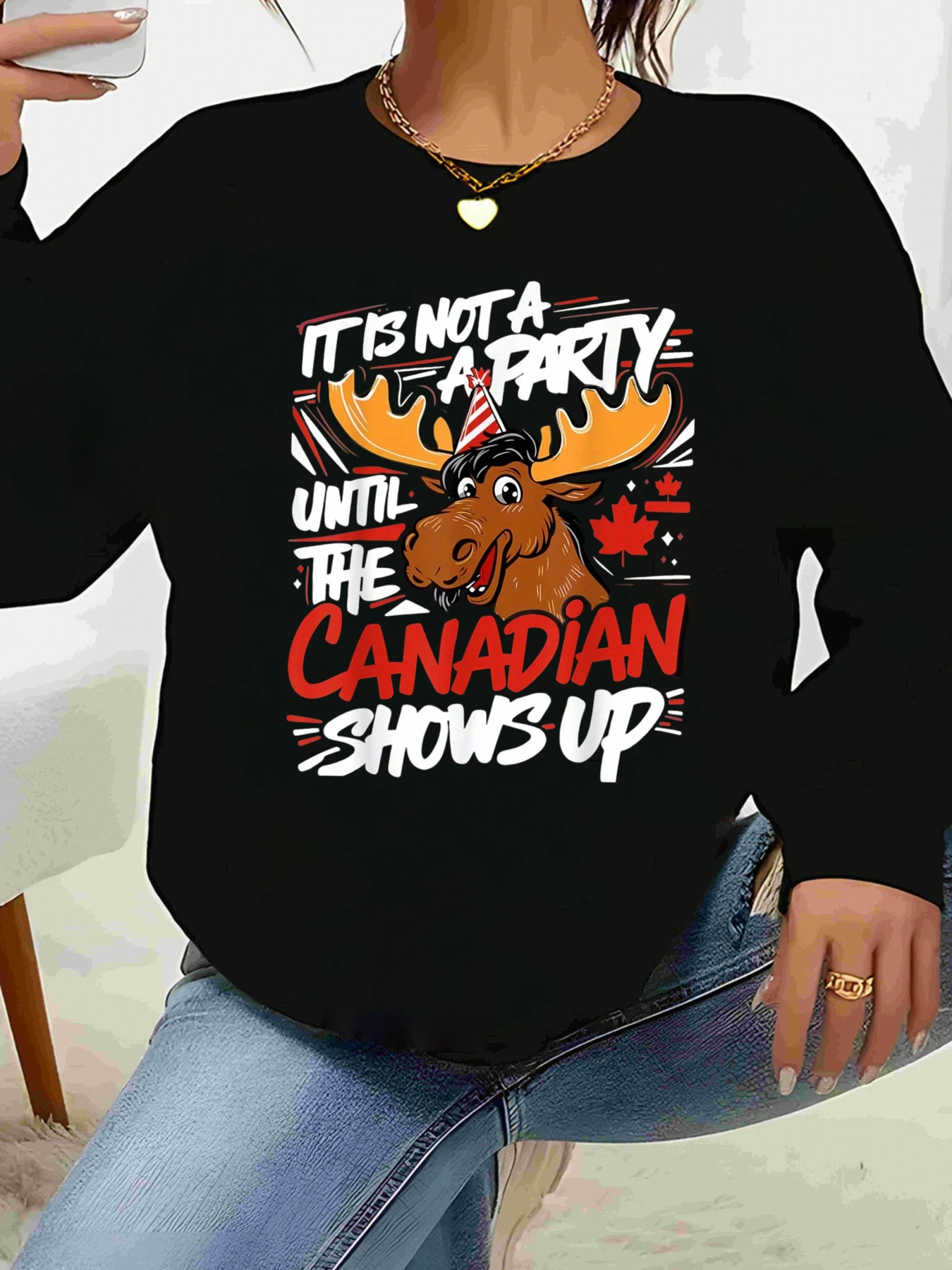 Weihnachtspullover mit Elch- und kanadischem Textdruck, Partykleidung für Damen