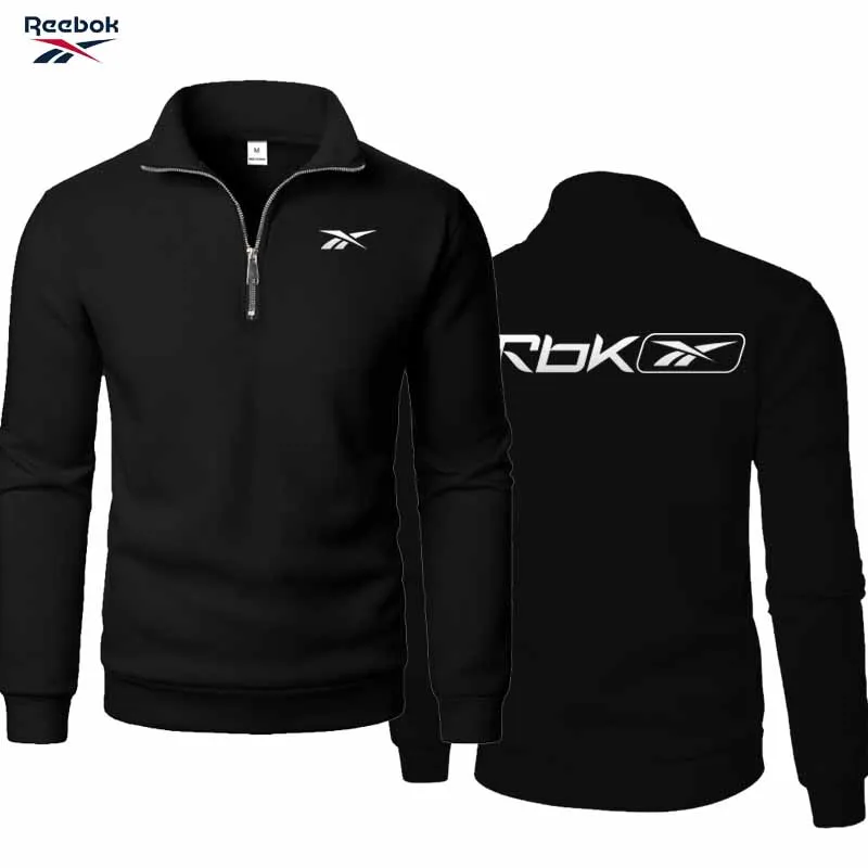 Reebok brand's fall and winter thick fleece long-sleeved men's shirt, with a half-zip design and a loose stand-up collar style,