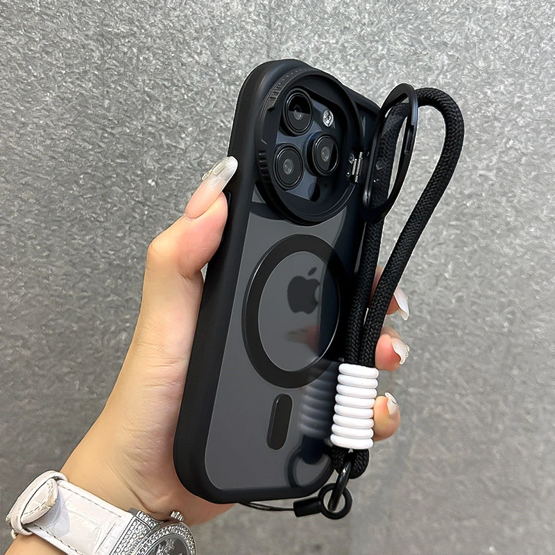 Faltbare Glaslinsen-Halterung, magnetische transparente Hülle für iPhone 18 17 16 15 14 13 12 Pro Max, für Magsafe, mit Handschlaufe, stoßfeste Schutzhülle – Detail 13