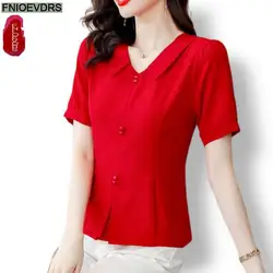 M-5XL 2024 Summer Cute Peplum Tops Women Basic Wear Office Lady Work Pink Green Red Elegant Button Shirts Blouses