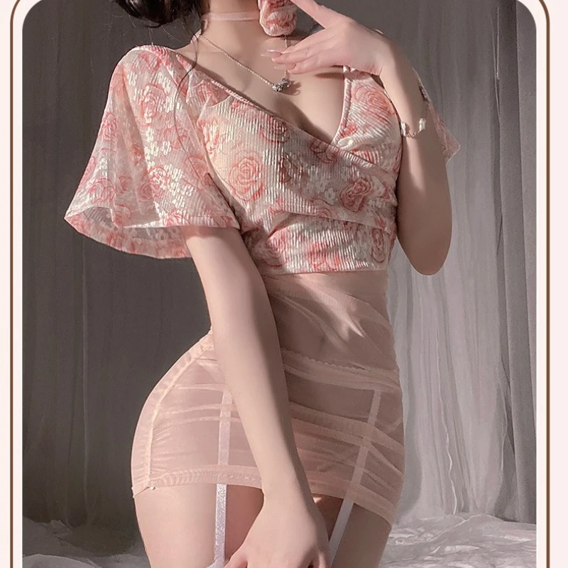 

Sexy Lace Dress Charm V-neck Print Tight Wrap Hip Skirt Backless Perspective Nightdress Backless Woman Fashion Home Costumes