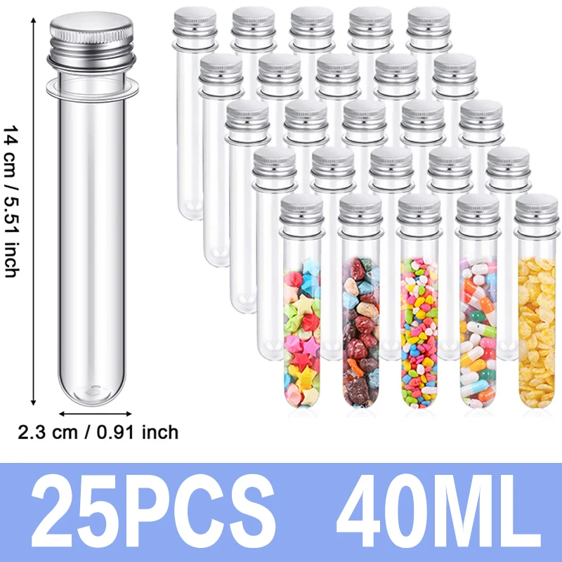 25Pcs 40ml Clear Plastic Test Tubes with Screw Caps Multi- Purpose Plastic Vials Containers for Party Candy Storage Cases