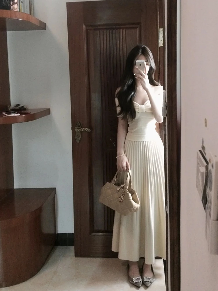 Spring Date Night Outfit Ele Gentlewoman  Knot Tube Top f Skirt Two Piece Set Long Sve Hoodie Sle