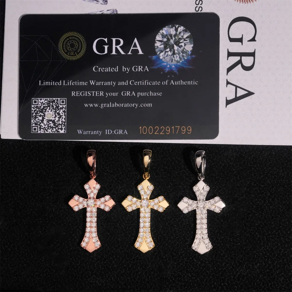 Hiphop Iced D Color Moissanite Cross Pendant 925 Sterling Silver Rock Men Jewelry Diamond Religious Pendant Necklace Pass Test