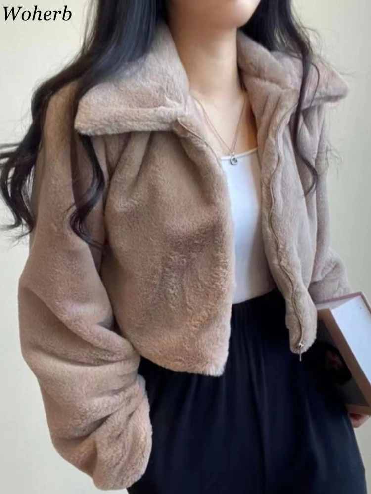 Vintage Solid Fur Thicked Coat Women Winter Clothing All Match Fashion Outwear Y2k Crop Tops Casual Loose Warm Zipper Jackets