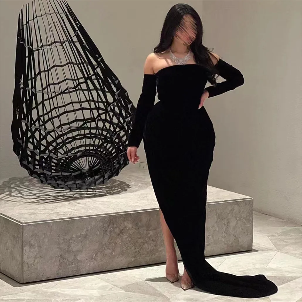 

Vestidos De Ocasión Formales Strapless Long Sleeves Prom Dresses Black Velour Side Split Sexy Cocktail Party Evening Formal Gown