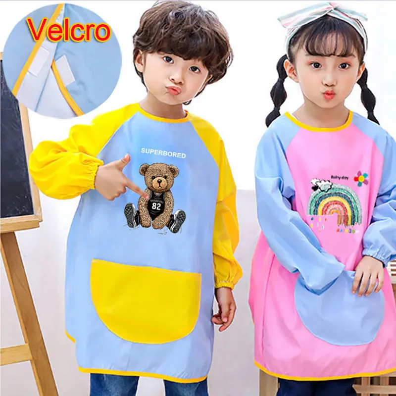 Baby Kids Toddler Long Sleeve Scarf Waterproof Art Smock Feeding Bib Apron Pocket Infant  Burp Cloth Bibs Cartoon Print Smock