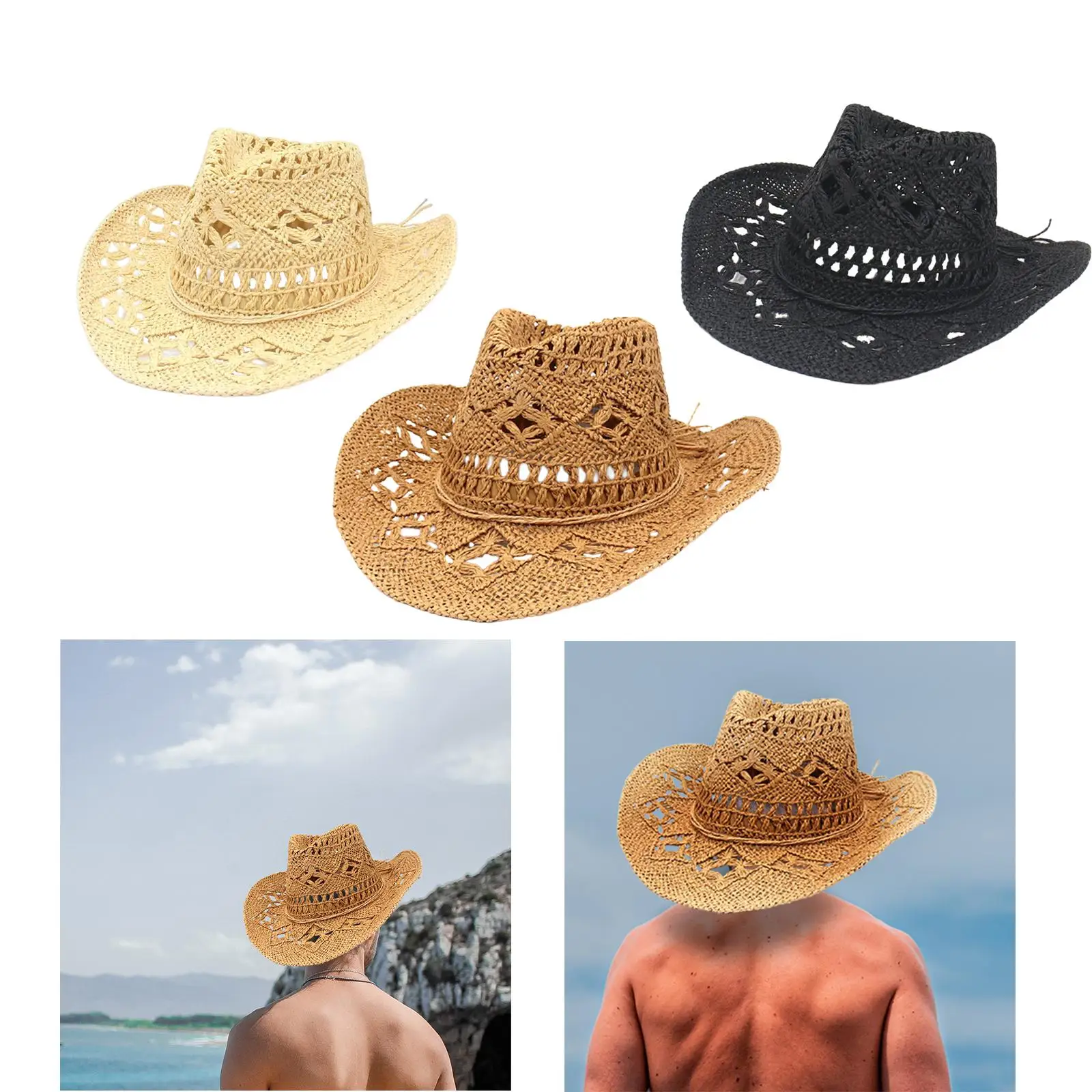 

Womens Summer Straw Hats Wide Brim Outdoor Sun Protection Cowboy Sun Hat Fedora