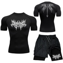 Nuevo conjunto de compresión Y2K, ropa deportiva estampada para hombres, pantalones cortos de gimnasio de secado rápido + camisa, 2 uds., entrenamiento para correr, traje deportivo de verano Rashguard