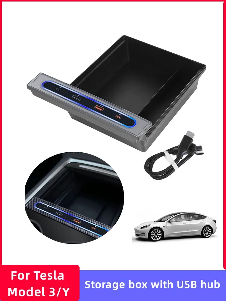 

Center Console Armrest Storage Box Tray with 27W Quick Charger Intelligent Docking Station USB Shunt Hub For Tesla Model 3/Y