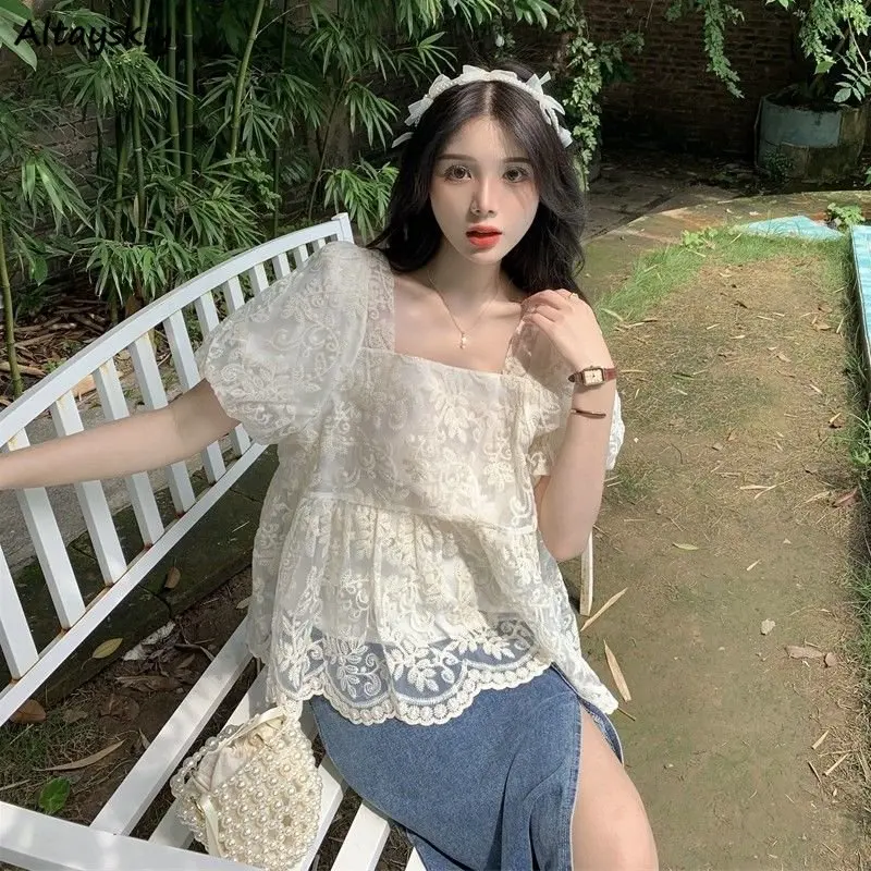 

Blouses Women Vintage Fairycore Chic Loose Puff Sleeve Summer Princess Gentle Delicate Lace French Tops Literary Popular Sweet