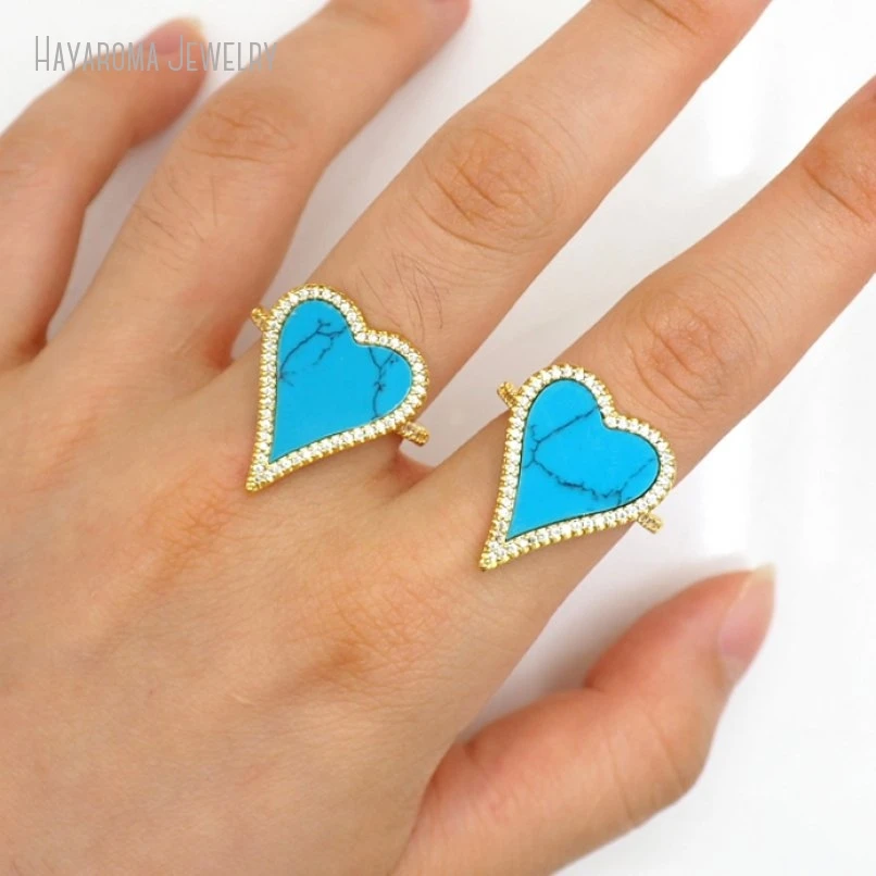 10Pcs Copper Hearts Heart Shape Point Blue Gift For Her Invisible Setting Wholesale Gold Color Ring RM50956