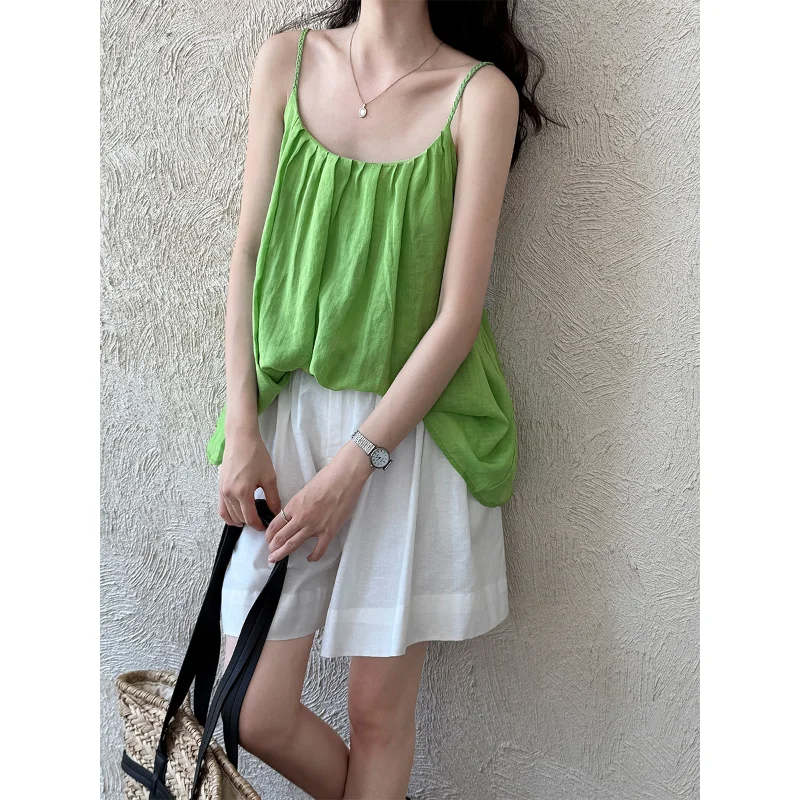 

Women Yellow Black Green Pleated Sling Top Fashion Simple Sweet Beach Summer Versatile French Lady Sleeveless Loose Top