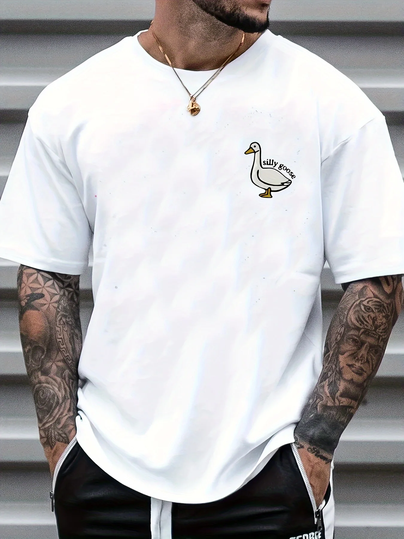 Minimal Animal Mens Crew Neck Cotton T Shirt Silly Goose Chest Cartoon Goose Print Short Sleeve Cute Casual Street Fashion Top