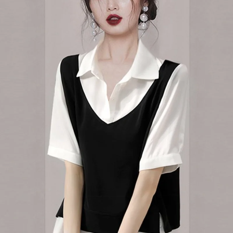 2024 Summer New Women's Contrast Color Polo-Neck Button Casual Elegant Loose Half Sleeve Spliced Fake Two Pieces T-shirt Tops