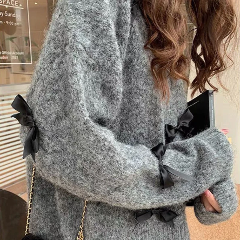 Gray Pullovers Women Sweater Lazy Style Autumn Winter Bow Loose Knitwear Soft Sweet Girls O-neck Casual Long Sleeve Preppy Retro