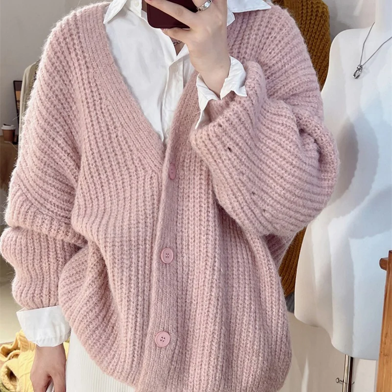 Candy Colors Knitted Cardigan for Women Autumn Winter Long Sleeve Loose Cardigans Woman Chic Lazy Wind V Neck Sweater Coats