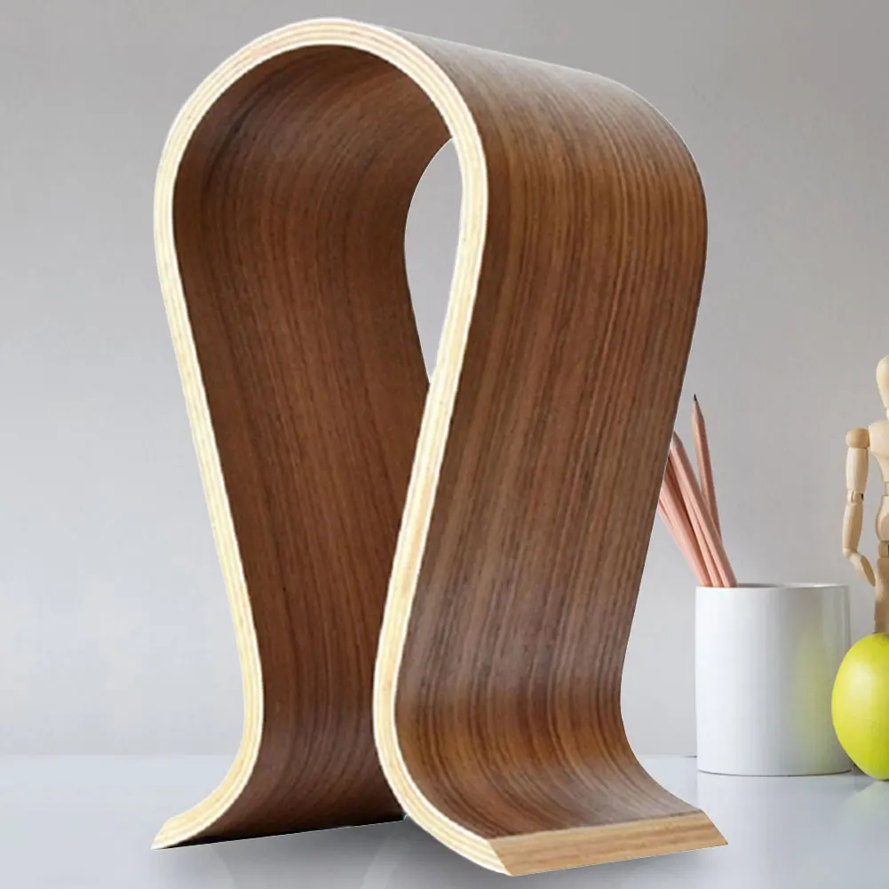 U شكل حامل سماعة الرأس الجوز مكتب خشبي عرض الرف المعاصر نمط مكتب عرض شماعات سماعة مكتب عرض الرف الرف