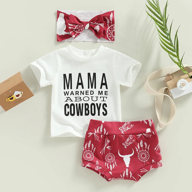 Infant Baby Girls Outfits Summer Letter Print Short Sleeve T-shirt and Cow Head Print Shorts Headband Children's Clothing Set