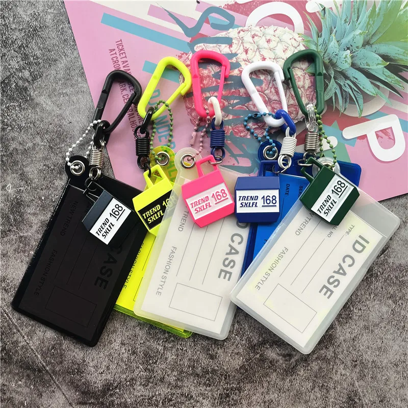 Credential Holder Plastic Carabiner Keycord Metal Pendant Fluorescent Color Key Chain with Card Holder Lanyard Accessories