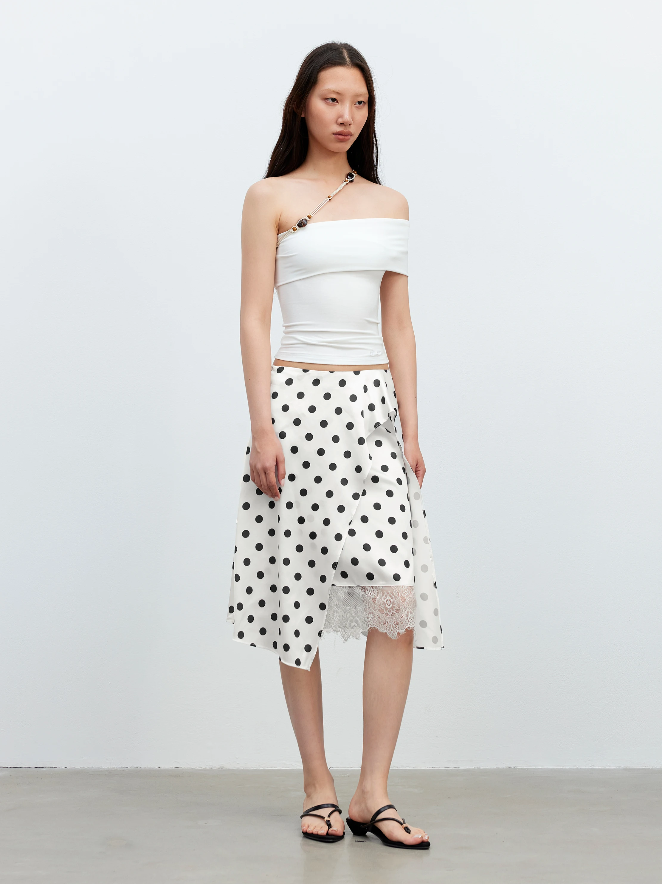 

TAN Smooth Satin Polka Dot Lace Patchwork Asymmetrical Skirt Slimming f-length Ci Commute Daily Leisure Date Skirt